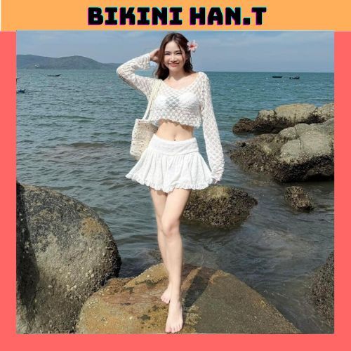 Bikini,Đồ bơi đi biển set 4 món áo bra đính HOA TRÀ có mút,quần rời kèm khoác,chân váy  lưng thun Bi