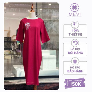 Váy Linen cổ tròn in Họa tiết cao cấp thoáng mát thời trang MEVI Mái Em _V3064
