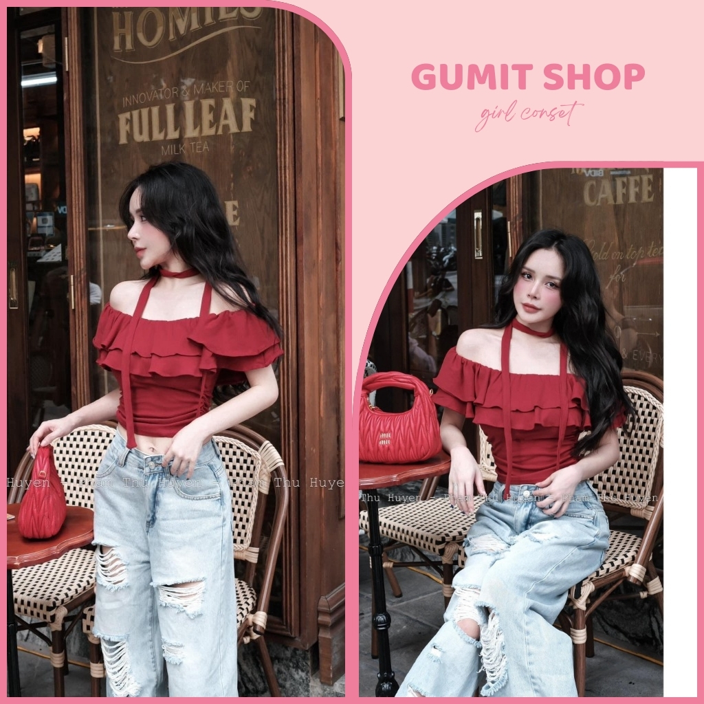 Áo trễ vai bèo kèm dây quàng cổ sang chảnh hàng loại 1 chuẩn QC cao cấp chất liệu cotton mềm mịn