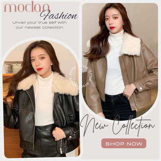 (Moclanclothing) áo da sần mềm có cổ lông tách rời/ áo khoác mùa đông cổ lông