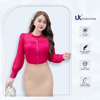 Áo Sơ Mi Tơ Xếp Ngực Kép UK Fashion Cao Cấp, Tơ Lụa Mềm Mại UKSM2309018