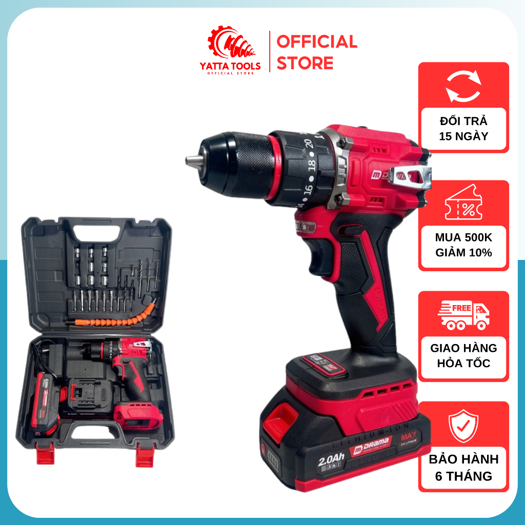 Máy khoan pin DRAMA D-5521 Động cơ Không chổi than, 10mm 3 Chức năng, Có khóa trục và điều tốc siêu 
