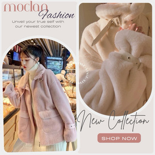 (Moclanclothing) Áo lông mềm màu hồng tay bo co đi thắt