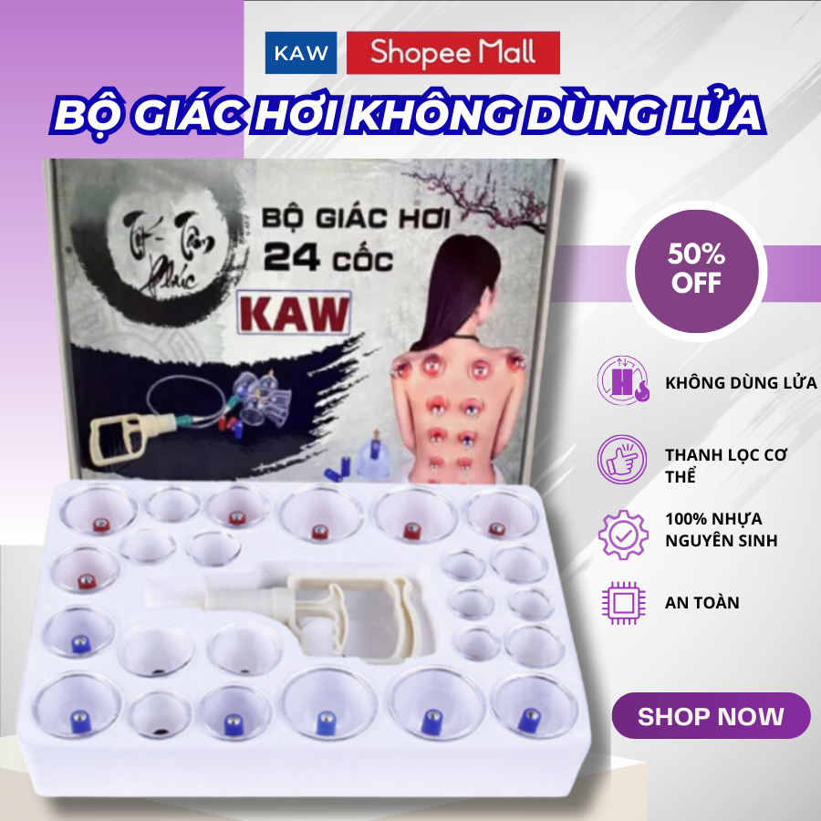 Bộ Giác Hơi Không Dùng Lửa KAW, Bộ 24 Cốc Trong Suốt, Bảo Hành Chính Hãng, An Toàn, Dễ Sử Dụng