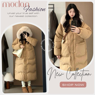 (Moclanclothing) Áo Phao béo dáng dài màu nâu Mũ Lông xinh xắn