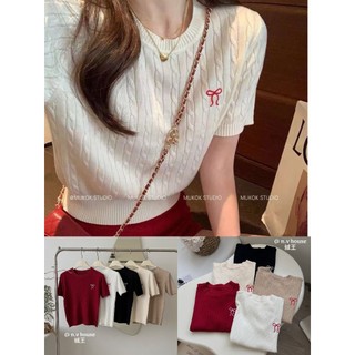 : áo len thừng mỏng cộc tay cổ tròn thêu nơ xinh xắn tiểu thư