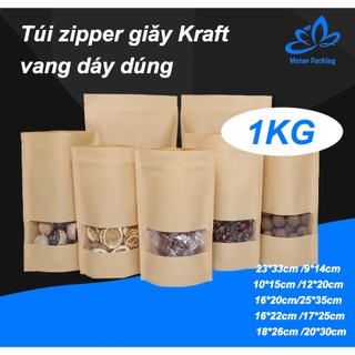 1kg túi zip giấy kraft đáy đứng có cửa sổ/ túi zip giấy đựng thực phẩm