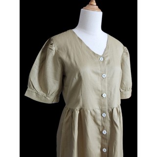 Váy Đầm suông linen vàng cổ tim tay nhún - Lovadova 23D03C005