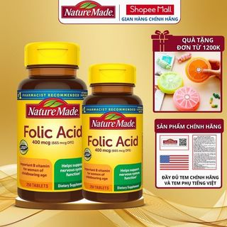 Combo 2 hộp Axit Folic cho bà bầu Nature Made Folic Acid 400mcg hộp 250 viên, giúp phòng chống dị tật thai nhi của Mỹ