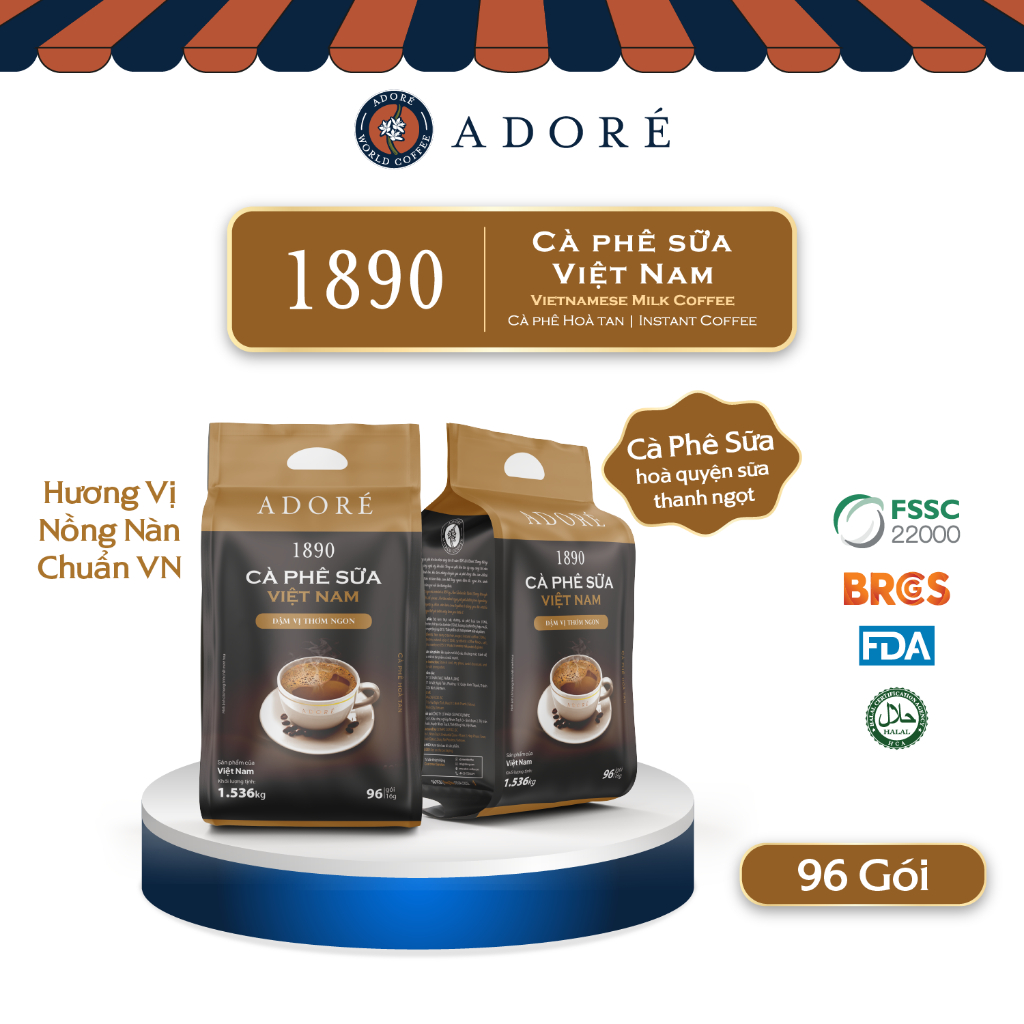 Cà Phê Sữa Việt Nam ADORÉ 1890 Coffee Hòa Tan Thơm Ngon Đậm Đà Giúp Tập Trung Tỉnh Táo - Túi 1536gr 