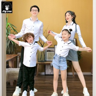 Set Áo Sơ mi Gia Đình FIG TREE Màu Trắng Phối Viền Đen Siêu Dễ Thương