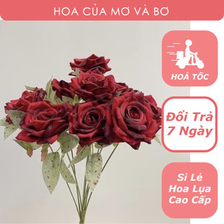 Bó 9 Bông Hoa Hồng Gấm Lụa Màu Đỏ/Hồng/Tím/Xanh Loại 45cm Hoa Khô Decor Trang Trí - Hoa Lụa Mơ Bơ