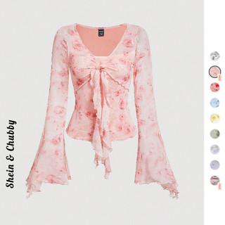 [Bigsize 45-75kg / Order] Áo thun voan cổ tròn tay dài loe họa tiết hoa boho nơ tua rua trước ngực thanh lịch mùa hè