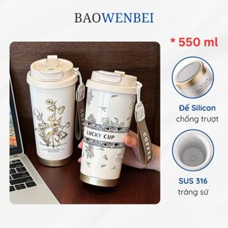 Ly giữ nhiệt FLOWER inox 316 tráng sứ cao cấp, cốc giữ nhiệt 550ml kèm lõi lọc trà, bình nước giữ nhiệt nóng lạnh BN117