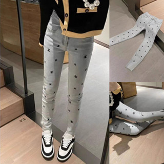 Quần Jeans Girl Phố Họa Tiết Channels Ống Bó Màu Xanh Bạc Pants