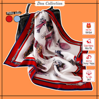 [Nowship2h] Khăn Lụa Vuông, Khăn Turban Viền Đỏ Nền Trắng - Chất Liệu Chiffon - 70x70cm - Mã KL028