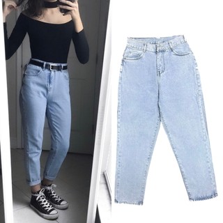 [55-90kg] Quần baggy jeans nữ bigsize màu xanh nhạt trơn 3449 lưng cao không giãn hot trend