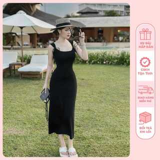 Đầm Body Cổ Chữ U , Đính Nơ 2 Bên Tạo Điểm Nhấn - chất thun bozip mềm mịn mát, Freesize 40-55kg