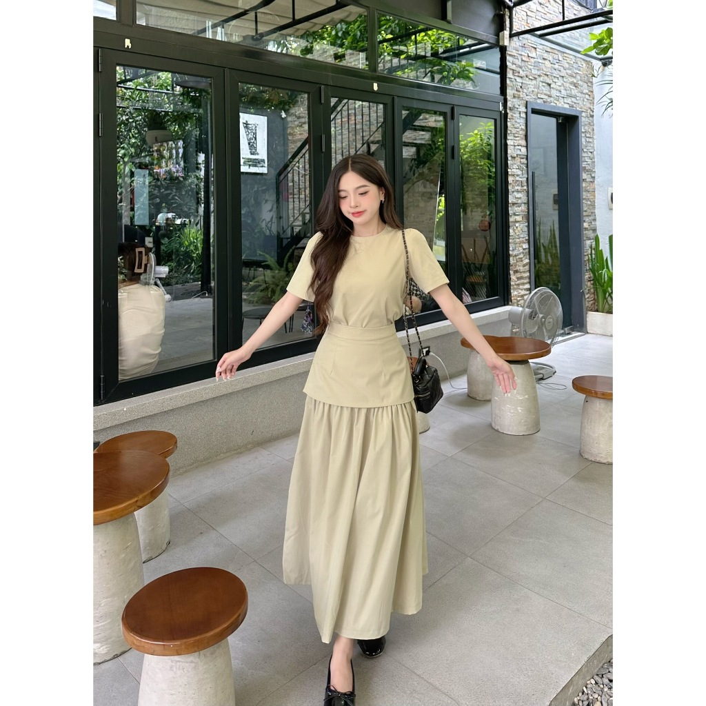 Set Váy Áo Dáng Dài Nữ Cổ Tròn Kèm Chân Váy Xòe Dài Cách Điệu Nhẹ Nhàng Nữ Tính, Set Váy Tiểu Thư - 29feb.closet - S240 | BigBuy360 - bigbuy360.vn