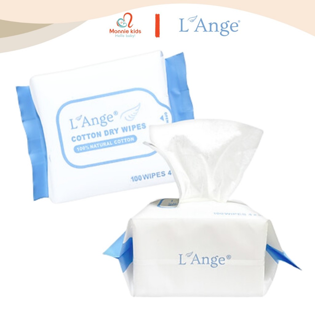 Khăn vải khô đa năng L’ANGE cho bé 100 tờ, khăn giấy khô Mỹ sợi bông tự nhiên - Monnie Kids