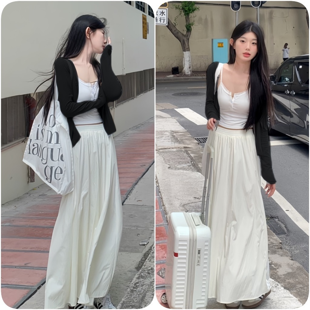 Sét Váy 3 Món Dáng Dài Gồm Áo Cadigan Màu Đen + Áo 2 Dây + Chân Váy Dài màu Trắng (LA60)