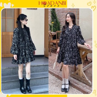 Váy hoa nhí babydoll đen dài tay phong cách Hàn Quốc siêu xinh sẵn hàng kèm video