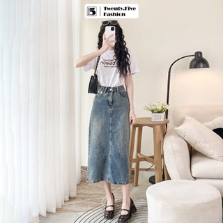Chân váy jeans nữ Twentyfive dáng dài midi xẻ sau, 2 đỉa cạp cách điệu, vải mềm 5684