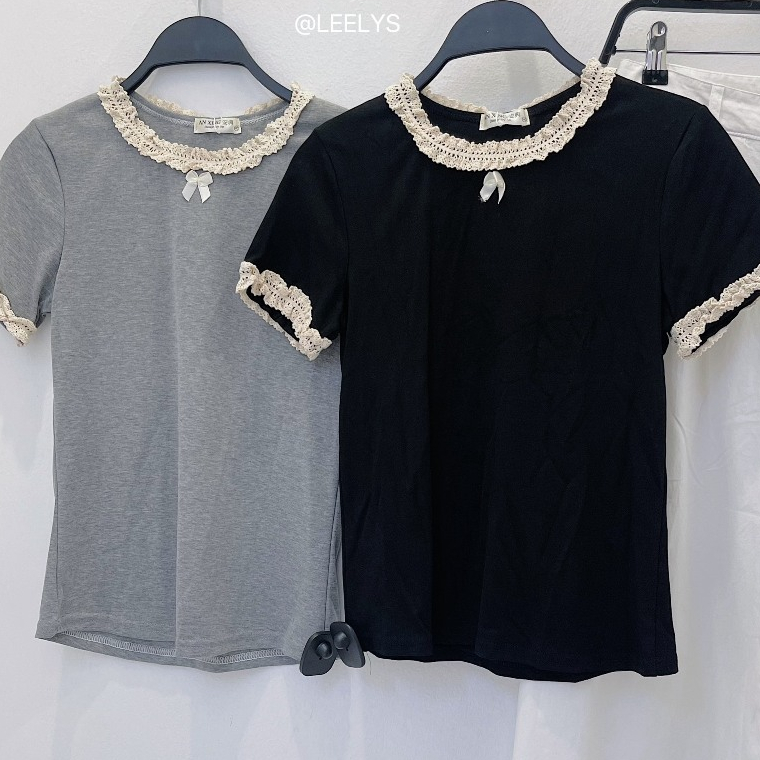 Áo phông babytee đính nơ cổ+tay phối ren ( An Xing 301 )