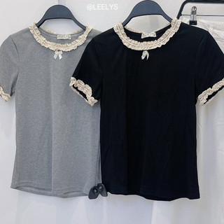 Áo phông babytee đính nơ cổ+tay phối ren