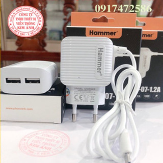 Sạc liền dây Hammer 1.2A, 2 CỔNG USB, Có đèn Led, Hàng Chính Hãng, bảo hành 12 tháng