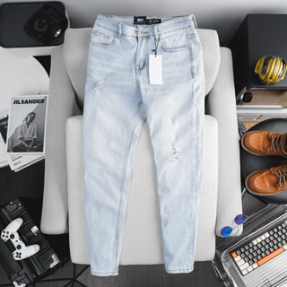 Quần jean dài nam xanh bạc trắng xước nhẹ slimfit ôm nhẹ co giãn