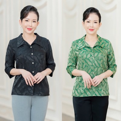 GOTI Áo Trung Niên Gấm Hoa Cao Cấp Cổ Bẻ Sơ Mi Tay Lững  Màu Đen Sang Trọng U50 U60 3A53