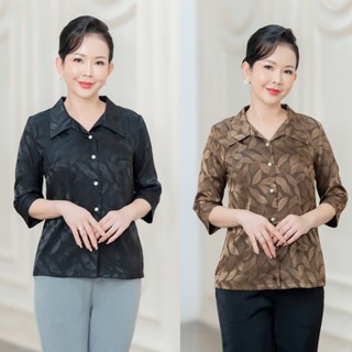 GOTI Áo Trung Niên Gấm Hoa Cao Cấp Cổ Bẻ Sơ Mi Tay Lững  Màu Đen Sang Trọng U50 U60 3A53