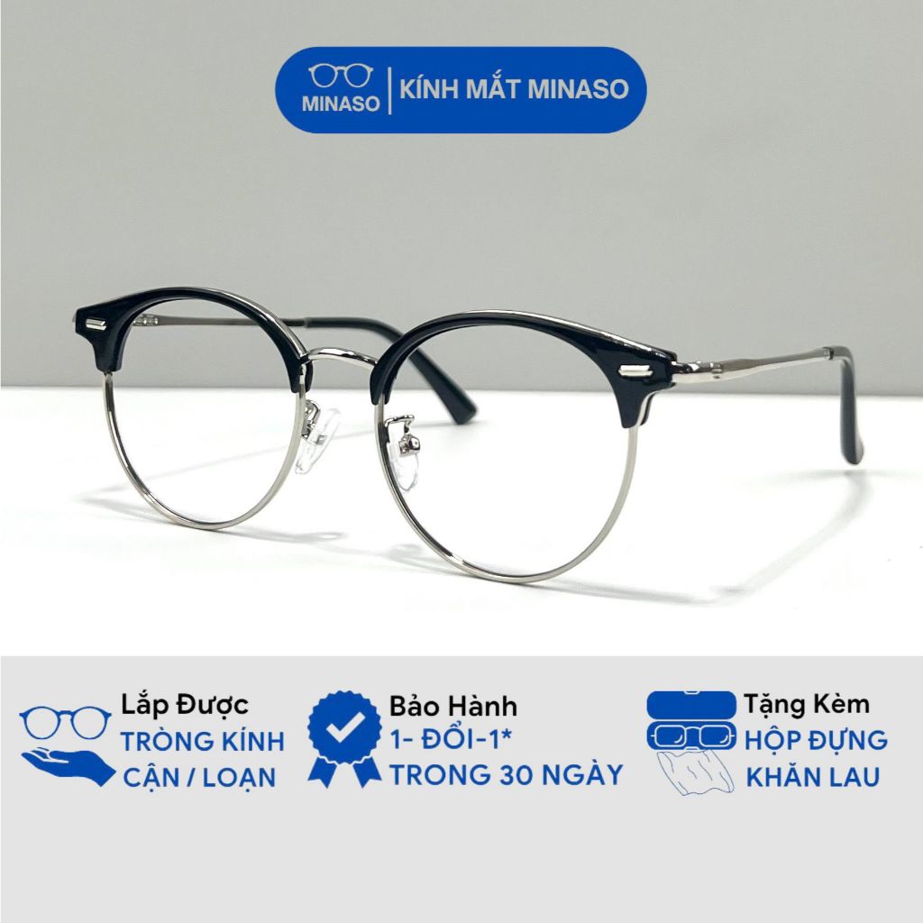 Gọng kính cận nửa viền Clubmaster cao cấp thời trang nam nữ mắt kính không độ chống ánh sáng xanh tia UV400 MINASO 113