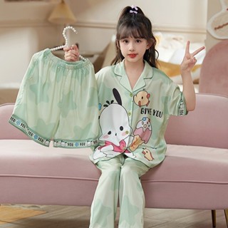 [16KG - 45KG ] Đồ Bộ Bé Gái Pijama Chất Vải Lụa Cao Cấp Tay Ngắn Quần Dài Cho Bé - Bộ ngủ cộc dài lụa trẻ em