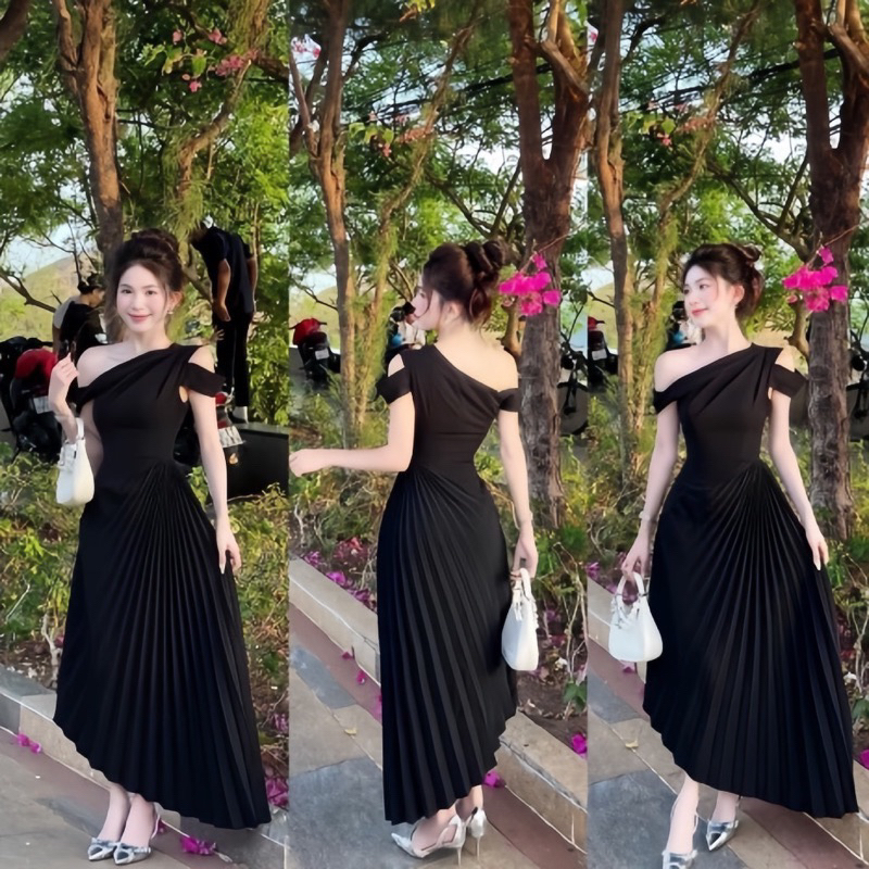 Váy lệch vai dáng dài, đầm dập ly quạt hở vai sang trọng đi tiệc(0002401). | BigBuy360 - bigbuy360.vn