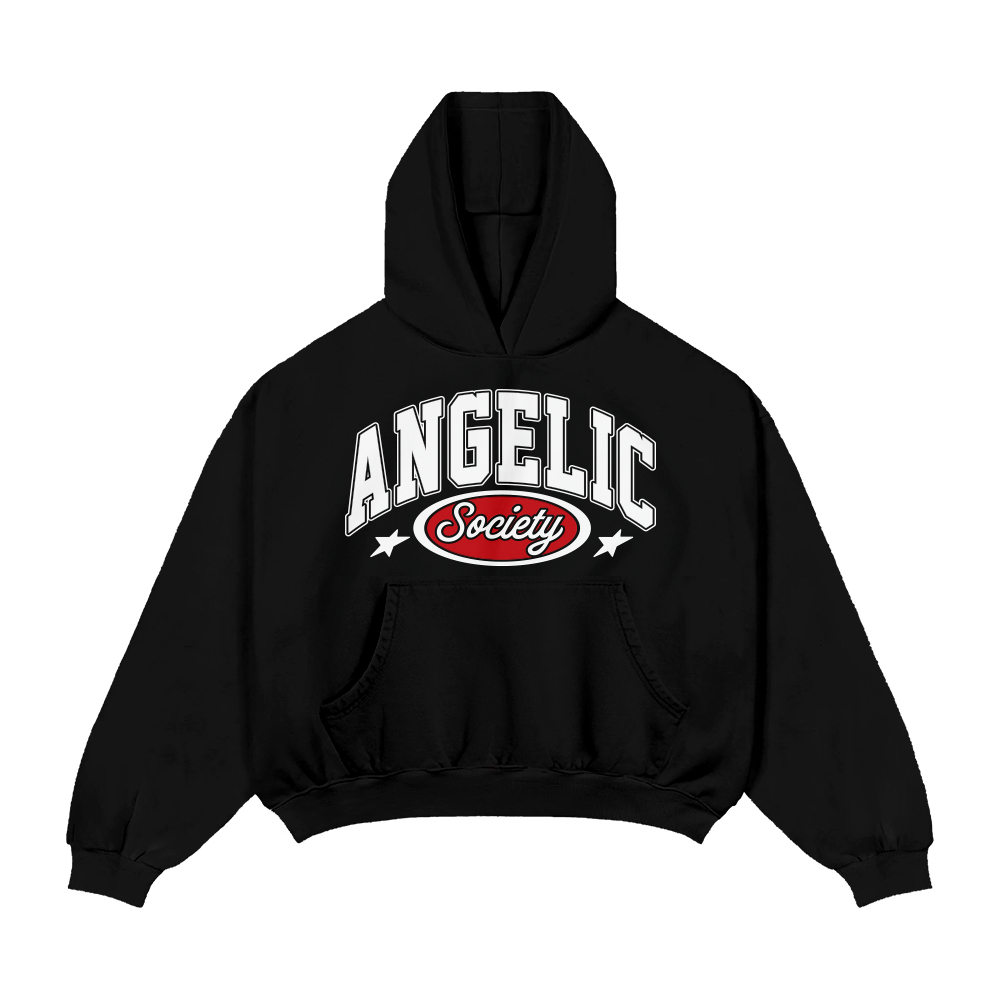 Áo HOODIE FROM BOXY ANGELIC SOCIETY  nỉ chân cua màu Đen Cotton Chính Hãng Angel Land Local Brand