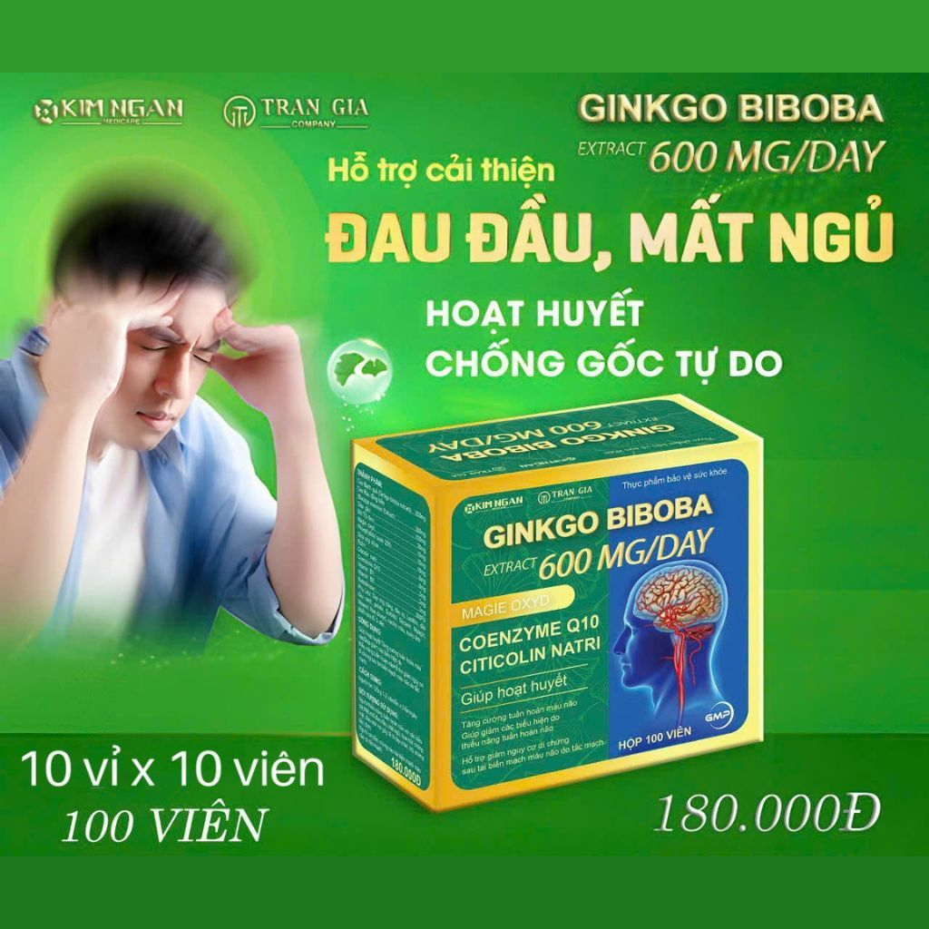 GINKGO BIBOBA 600mg bổ sung dưỡng chất cho não giúp tăng cường tuần hoàn não giảm đau đầu, mất ngủ