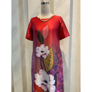 Đầm lá trà Đỏ - Đầm lụa trung niên cho Mẹ, Đầm suông trung niên giấu bụng