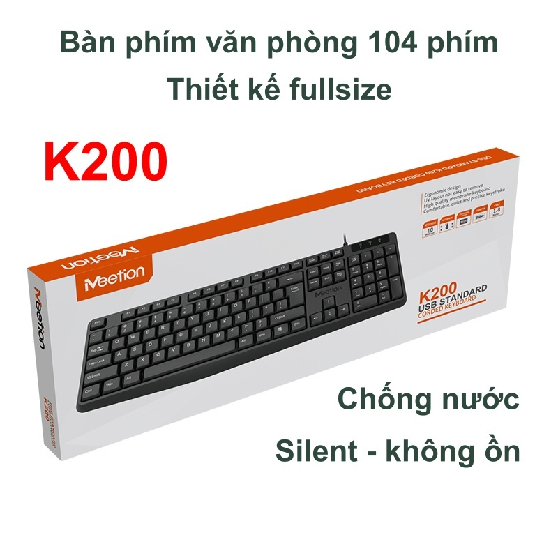 Bàn phím văn phòng chống ồn K200 MeeTion 104 phím thiết kế Ergonomic keycap gia công UV độ bền cao | BigBuy360 - bigbuy360.vn