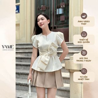  Áo nữ ngắn tay cổ khoét cách điệu thắt nơ eo bản to nổi bật YAME YA14 