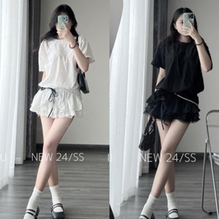  Set Váy Cộc Tay Thiết Kế Dáng Ngắn Xoè Tầng Eo Bo Chun Buộc Nơ Đính Ngọc Kèm Quần Đùi Siêu Đẹp A39 