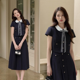 Set xanh cổ sen cổ nơ cộc tay phối chân váy dáng a và dáng dài phong cách thanh lịch