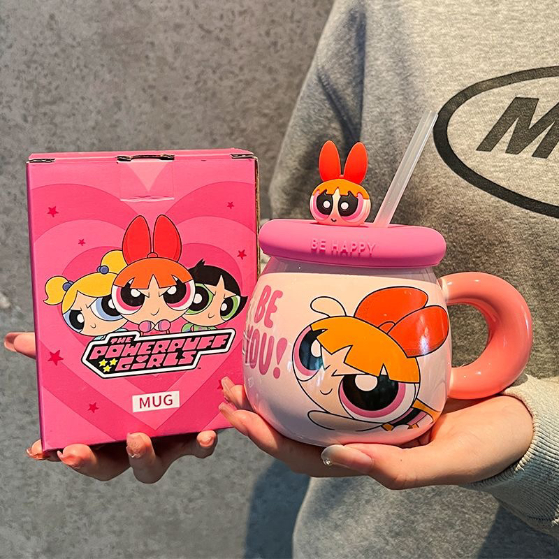 Bộ ly sứ tròn Powerpuff Girl có nắp và ống hút