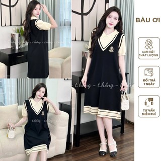 Đầm váy bầu len quảng châu cổ polo phối màu thêu huy hiệu trẻ trung dáng suông basic dễ mặc v923 - váy bầu hè thu