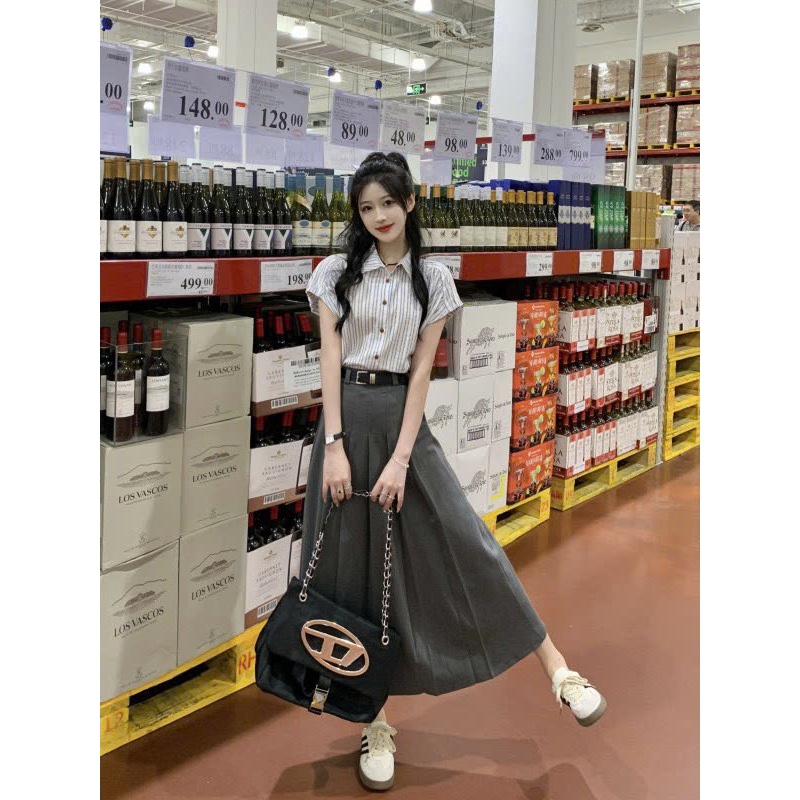 [Tặng Kèm Đai]:Set Váy Áo Sơ Mi Tay Hến Kẻ Sọc+Chân Váy Dập Ly Ghi Kèm Đai, đi học, đi làm, công sở Kèm Ảnh Thật  S120 | BigBuy360 - bigbuy360.vn