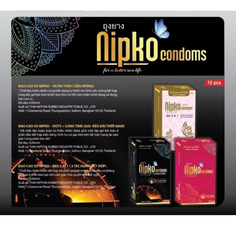 Bao cao su cao cấp nhập khẩu chính hãng Nipko chất liệu cao su tự nhiên siêu mỏng,trơn,gân gai cho cuộc yêu thăng hoa