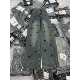 Quần jeans ống rộng thêu nơ mặt trước lưng cao hack dáng siêu xinh phong cách Hàn Quốc