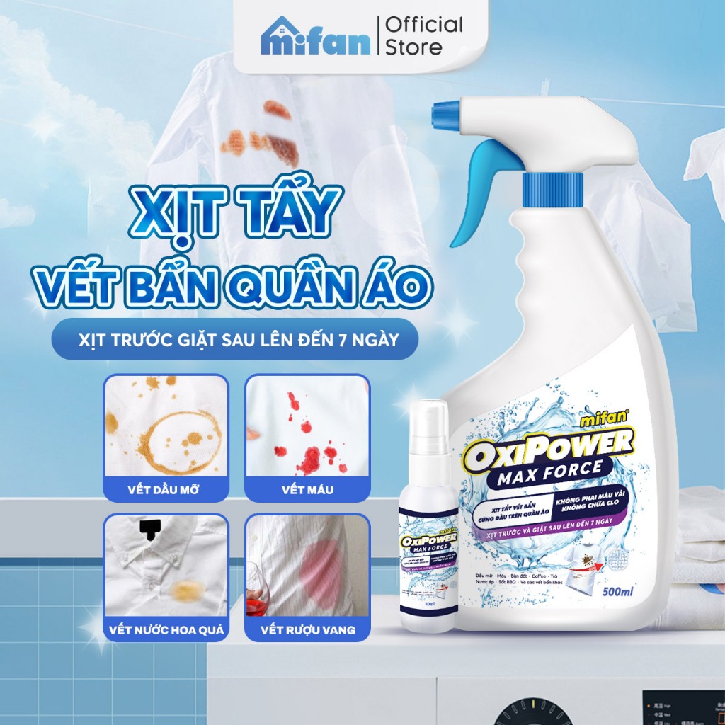 Xịt Tẩy Vết Bẩn Quần Áo Mifan Oxipower -Làm sạch nhanh vết thức ăn, máu, mốc, ố vàng, cổ áo, an toàn, không phai màu vải