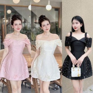 BIGSIZETIX D107 Đầm dự tiệc tiểu thư thiết kế trễ vai phối hoa bươm đính hạt sang chảnh 50-90kg